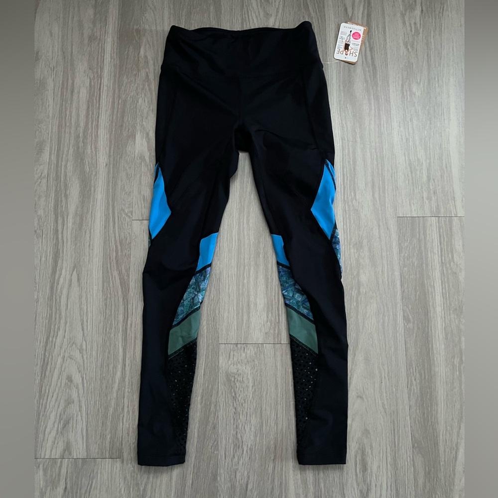 Shape FX Sculpting Colorblock Leggings Black Blue Mesh Panel Athletic Yoga Pants